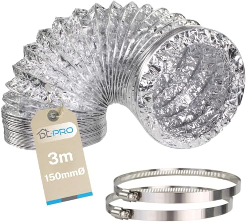 DL-pro 3 m aluminium frånluftsslang Ø 150/152 mm aluminiumslang frånluftsrör ventilationsslang för luftkonditionering torktumlare köksfläkt med W4-klämmor Ø 140–160 mm