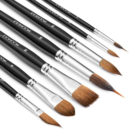 Sable Watercolour Brushes Set-7pcs Professional Sable Hair Watercolour Brushes for Artists with Extended Needle Point Flat Round Cat Tongue Dagger Shape