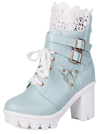 BEAUPAS Women's Gothic Combat Boots Lace Up Platform Ankle Boots with Buckles Chunky High Heel(Blue,8.5)