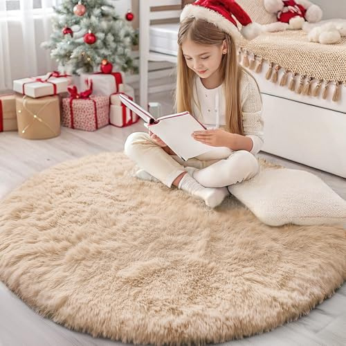 Homaxy Stor fluffig matta med lugg, halkfri och maskintvättbar matta för vardagsrum, barnkammare, 160 cm, rund, beige | Halkfri matta, mjuk tjock hög sängmatta, lurviga mattor för barn sovrum, barnkammare
