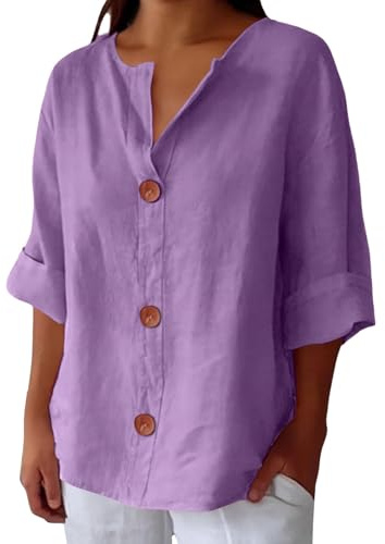 Uwdiohq Camisas De Lino para Mujer, Blusas Verano Algodon Y con Cuello En V Mangas 3/4, Blusa Holgadas Vacaciones La Playa, Camiseta Tallas Grandes, Adolescentes