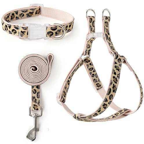 Mile High Life Leopard Dog Harness Collar Leash Set, Adjustable No Pull Dog Halter Harness for Small Breed Dogs, Easy Control for Training Walking (Beige, M Chest 15-21, Neck 13-17)
