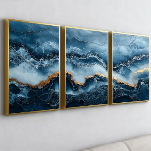 PWAAHDC Navy Blue and Gold Framed Wall Art Set of 3 – Abstract Marble Prints for Living Room, Bedroom, Bathroom & Hallway – Modern Blue Aesthetic 12x16 (30x40cm)