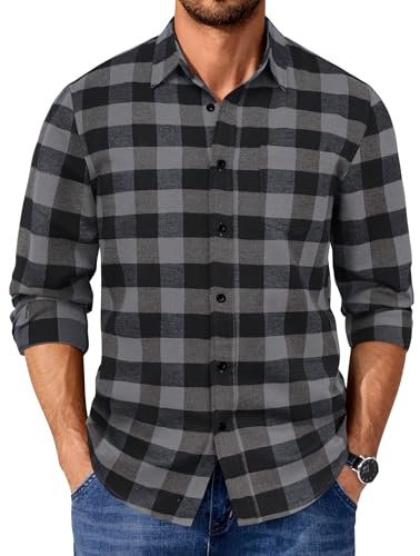 COOFANDY Chemise Homme à Carreaux Flanelle Décontractée Manches Longues Chemise Bûcheron avec Poche Casual Noir Gris M