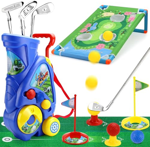 LPZMPZ Minigolf Set Spielzeug für Kinder 16 PCS Golfspielzeug mit Tragekoffer auf Rädern, Puttmatte, 3 Schlägern, 6 Bällen und Cornhole Brett, Golfset Indoor Outdoor für Kinder ab 3 Jahren