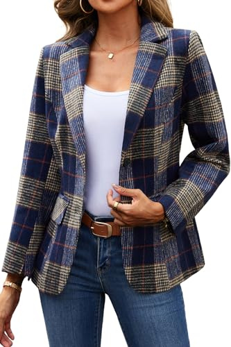 ELLEVEN Womens Casual Plaid Blazer Lapel Collar Double Button Long Sleeve Boyfriend Blazer Suit Houndstooth Plaid Blazer Jacket Business Work Office Blazer Suits Navy Blue Plaid Large