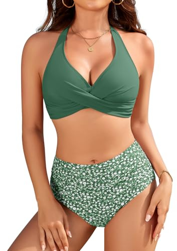 UMIPUBO Costume Donna Due Pezzi Bikini Vita Alta Pancia Pieghe Collo A V Collo Halter Sexy Schiena Nuda Contenitivo Curvy Modellante Push Up con Coppe Stampa Minifloreale Mare Costume da Bagno