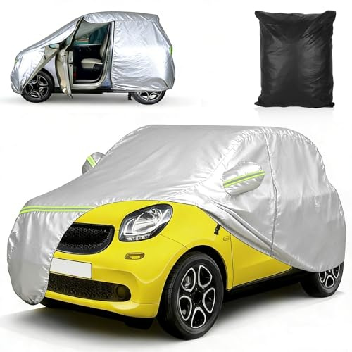 Car Cover for Smart Fortwo W451 W453 2007-2024, Full Car Cover Waterproof All Weather 210D Oxford, with Side Door Zipper, Buckle, Reflective strip, Snowproof Windproof UV Resistant Dustproof (White)