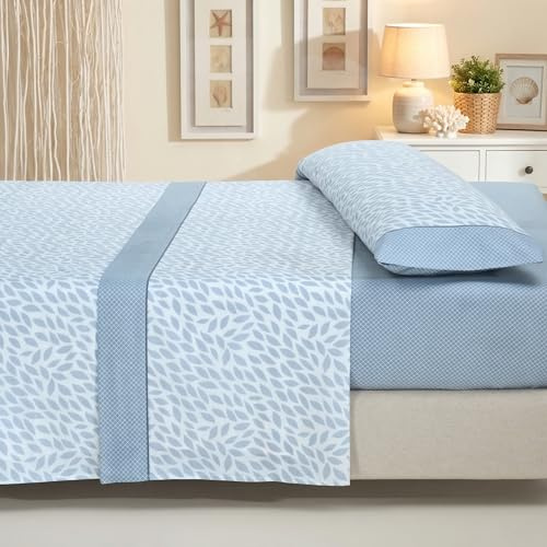 Sábanas 150x190 150x200 - Juego de Sábanas 3 Piezas - Algodón y Poliéster - Sábana Bajera Ajustable hasta 30 cm, Encimera y Funda Almohada - Ropa de Cama Estampada Suave y Transpirable (Darana Azul)