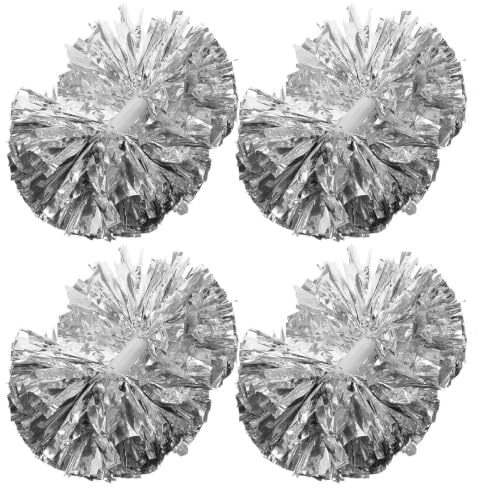ULTECHNOVO 4 Pièces Pompons de Cheerleading, Pompons d'esprit D'équipe, Grand Modèle Adulte avec Poignée, Film Aluminisé Pet, Argenté, pour Sports Scolaires et Spectacles de Danse