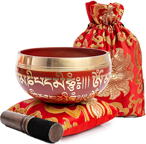 Tibetan Singing Bowl Set - Easy To Play for Beginners - Authentic Handcrafted Mindfulness Meditation Holistic Sound 7 Chakra Healing Gift by Himalayan Bazaar (Crimson)