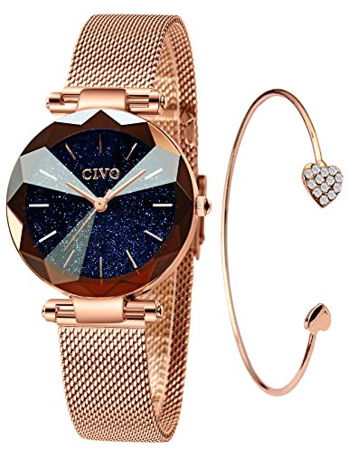 CIVO Montre Femme Or Rose Acier Inoxydable Montre Bracelet à Quartz Analogique Etanche Ciel étoilé Luxe Mode Montres pour Femme Adolescent Filles Entreprise Élégant avec Bleu