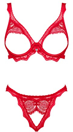 Selente Love & Fun Intrigante Completo Intimo a 3 Pezzi: Reggiseno, Tanga ed Esclusiva Benda per Occhi in Raso, Rosso Aperto 3 p., XS-S