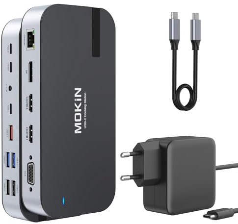 Laptop Docking Station mit 65W Netzteil,MOKiN 16 in 1 Docking Station USB C Dock mit Dual Monitor Display mit 4K 2 HDMI, DP, VGA, 5 USB Ports, RJ45, SD/TF, 100W PD, Audio für Dell Surface HP Lenovo