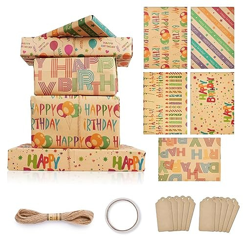 OFFCUP Presentinslagningspapper, 5 stående återvinningsbara presentinslag, 50 x 70 cm, mångsidigt inslagningspapper, kraftinslagningspapper med 10 presentetiketter, 10 m rep, 1 dubbelsidig