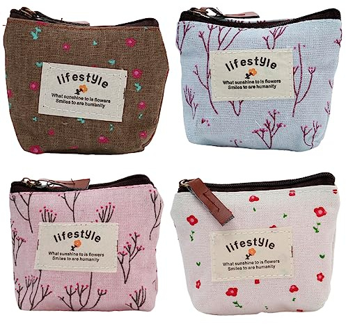 Geldbeutel Mini,4 Stück Kleines Portemonnaie Damen,Täschchen mit Reißverschluss,Kosmetiktasche,Mini Geldbörse Damen Canvas Münzgeldbeutel mit Reißverschluss und Muster, für Münzen, Karten, Schlüssel