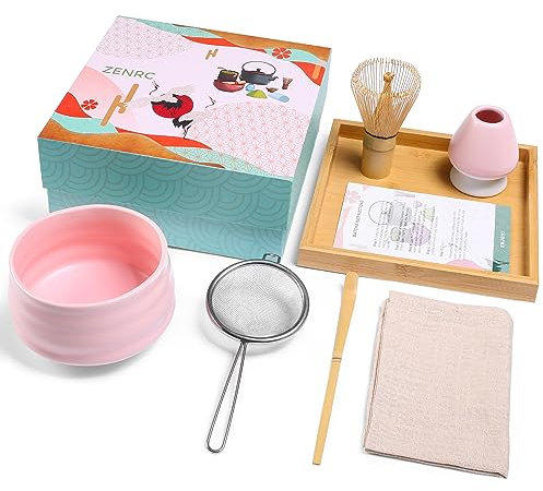 ZENRC Zeremonie-Matcha-Set – traditioneller Matcha-Schneebesen (Chasen) aus Bambus (Chashaku), traditionelle Chawan-Matcha-Schüssel, Schneebesen-Halter, Sieb, Teetablett, das perfekte Matcha-Set