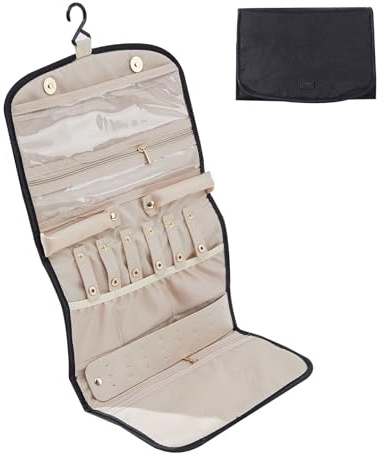 Periea 'Cleo' Travel Roll Jewellery Organizer – Portable Earrings, Necklace & Rings Pouch Protector (Black, Large)