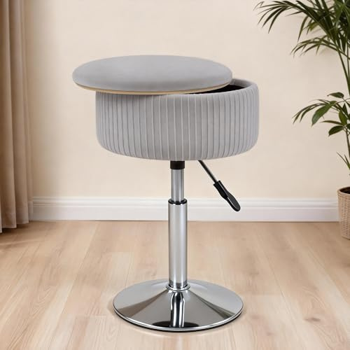 LITZFUR Adjustable Vanity Stool with Storage, 360° Swivel Vanity Chair, Velvet Small Round Ottoman Footrest for Bathroom, Makeup Room, Grey