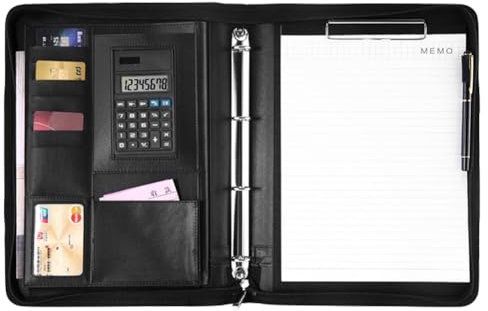 Ordner A4 Dokumentenmappe Leder Wasserdicht, mit Taschenrechner, Business Aktenmappe mit Metallringbuch, Laptopfach, Karten- & Stifthalter, ideal für Meetings und Geschäftsreisen