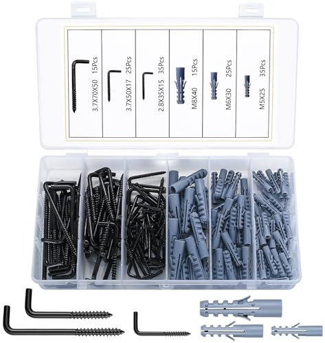 SYBDXJ 150 Pièces Crochets à Vis en Forme de L, Crochet à Plafond de L, Piton à Visser, Crochet à Visser, Vis à Crochet Mural, Crochet d'Angle pour Paniers de Plantes(75 Crochets, 75 Ancres), Noir