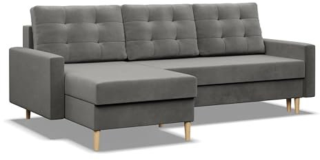 Mebligo - Ecksofa mit Schlaffunktion und Bettkasten BLANK, 223x88x140 cm, Universelles Eckcouch, Rechte oder Linke Seite Couch, Wohnzimmer Schlafsofa. L Couch mit Schlaffunktion - Hellgrau