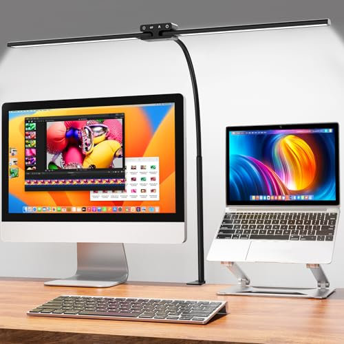 EppieBasic 24W Doppelkopf Schreibtischlampe LED Dimmbar, 80cm Groß Schreibtischlampe Klemmbar mit Touch, Augenschutz Schwanenhals Büro Tischlampe, Monitor Lampe, Arbeitsplatzleuchte, Timer - Schwarz