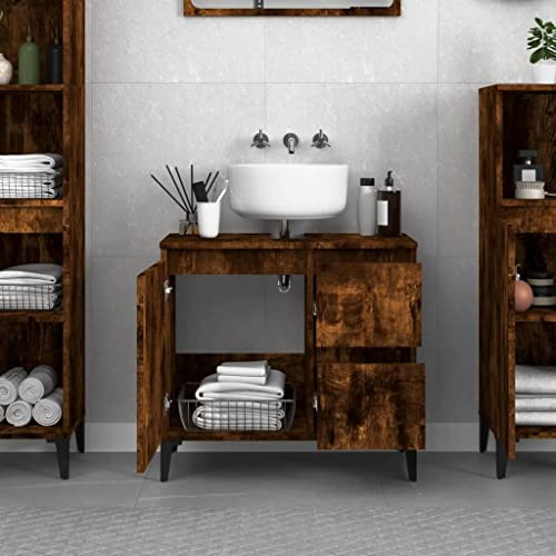 Homvdxl Under Sink Bathroom Cabinet for Washbasins without Pedestal, Floor Standing Under Basin Cupboard, 65x33x60 cm, Oak+Rustic