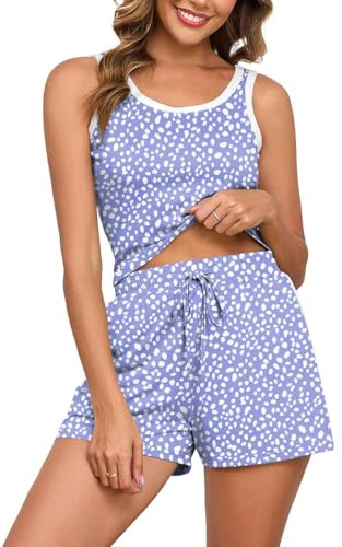 PrinStory Womens Pyjamas Set Sleeveless Tank Top And Shorts With Pockets Summer Pjs Sets Nightwear S-3XL
