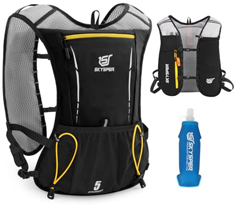 SKYSPER Laufweste Ultraleicht 5L, Atmungsaktiver Trinkrucksack mit Trinkflaschen 500ml, Laufrucksack für Herren Damen Joggen Trailrunning Marathon