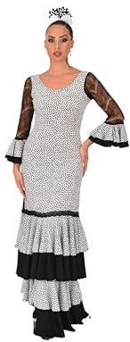 Vestido Flamenco Mujer con Volantes - Traje de Feria o Sevillanas con Mangas de Encaje y Estampado Floral (FR/ES, Letras, M, Regular, Regular, Negro Topo Blanco)