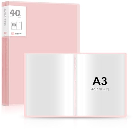 LAWALEISHE A3 Display Book Folder, 40 Pocket Book Presentation Portfolio Folder with Clear Plastic Sleeves,Arts Presentation Folders for Painting Artwork Portfolio (Pink)