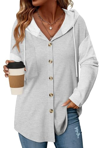 Angerella Womens Oversized Sweatshirt Hoodies Casual Long Sleeve Solid Button Down Hooded Jackets for Women Casual Fall Outfits with Pockets Grey White L