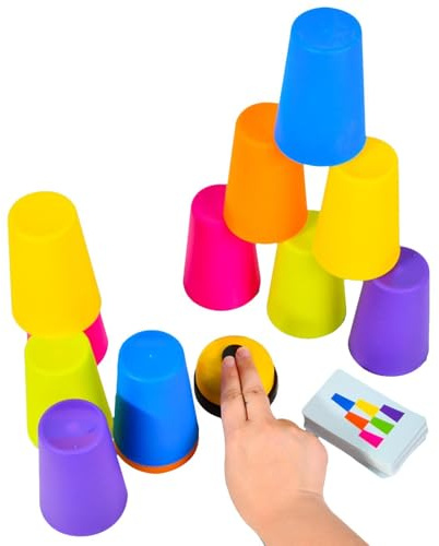 Genérico Toys Quick Stacking Cups Juegos para Niños, PP Juego De Vasos Apilables, Incluye 12 Vasos, 50 Cartas Y Una Campana De Resorte, para La Educación Infantil Temprana