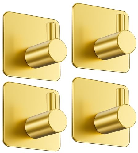 Aikzik Strong Self Adhesive Hooks - 4 Pack Heavy Duty 8kg(Max), Stainless Steel Sticky Hooks for Hanging for Towel, Coat, Robe, Stick on Bathroom, Kitchen, Door and Wall, Gold