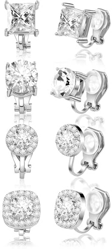 4 Pairs Cubic Zirconia Clip Earrings for Women Dance Competition - Non Pierced Diamond Clip On Earrings studs for Men