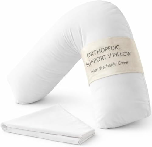 Home and Living V Shaped Pillow With Removable Pillowcase | Orthopedic V-Shaped Support For Back, Neck & Pregnancy | Firm Hollowfibre Filling Nursing & Sitting Up Bed Cushion (White, Plain)