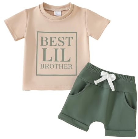 LUVCES Conjunto para Niño Pequeños Verano Ropa Manga Corta Camiones Bordado de Letras Camiseta y Pantalones Cortos con Cintura Elástica Casual Verano Traje Verde LiL Brother 12-18 Meses