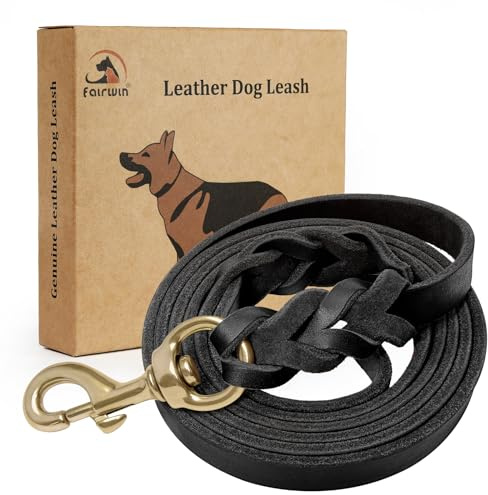 FAIRWIN Leather Dog Leash 6 Foot - Braided Military Grade Heavy Duty Dog Leash for Large Medium Small Dogs Training and Walking (Black, M:5/8 x 6ft)