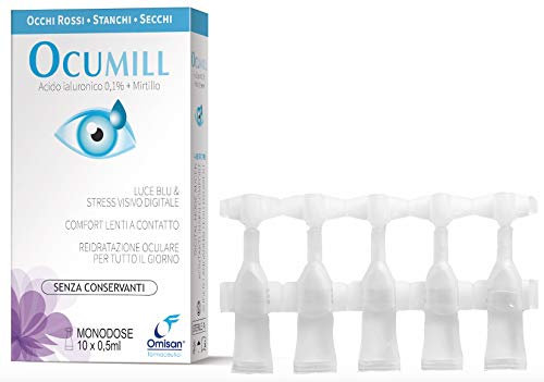 Ocumill 3 in 1 - Lubrificante, idratante, rinfrescante. Gocce oculari monodose con Acido ialuronico, senza conservanti - 10 flaconcini da 0,5ml