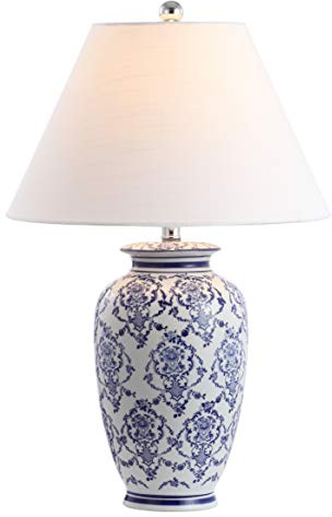 JONATHAN Y 26.25 Blue/White Chinoiserie Ceramic Table Lamp, Traditional Asian-Inspired Urn Lamp for Living Room Bedroom, White Linen Shade, LED Bulb Included JYL8023A