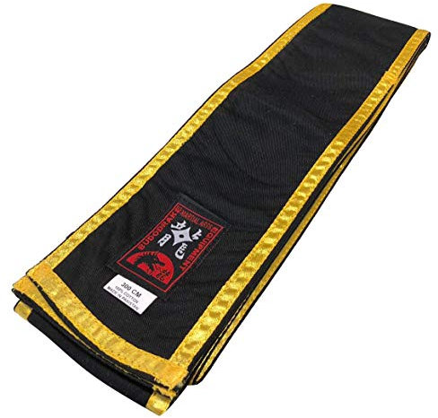 Budodrake Großmeister Kung Fu Schärpe Bw. SCHWARZ m. gelben Rand 300 x 10 cm