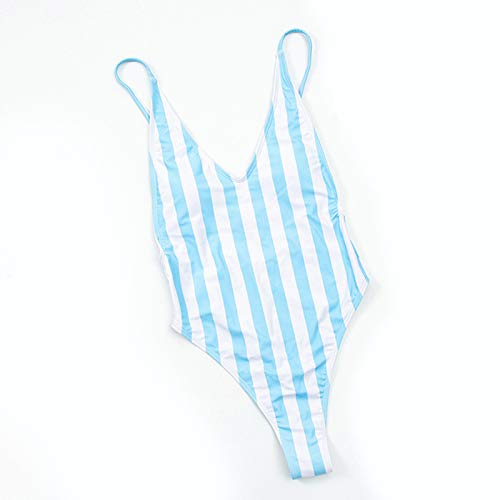 Bañador de Una Pieza Mujeres Traje de Baño Push Up con Cuello en V Corte Alto Halter Rayas Sin Respaldo Bañador Espalda Baja con Relleno Natación Playa,Azul,S