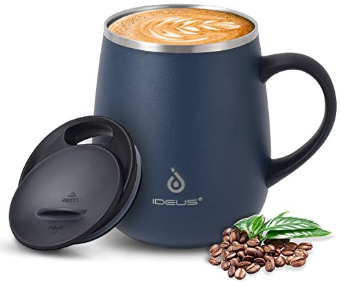 Ideus Coffee Mug 470ml (16oz), Double Wall Vacuum Insulated Stainless Steel Coffee & Tea Cup w/Non-Slip Handle & Slider Module Lid & Large Volume (Ocean Blue)