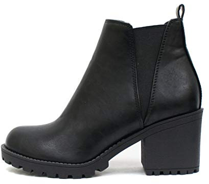 Soda Origami Womens Lug Sole Chelsea Ankle Booties Elastic Sides,Black Pu 10