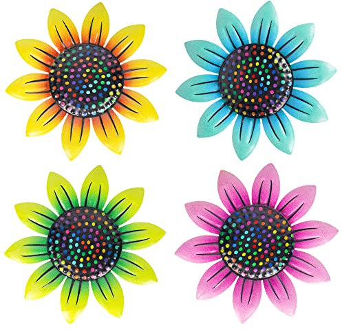 SUNNEKO 4 Stücke Metall Blumen Deko Blumen Wandtattoo Garten Balkon Wanddeko Wand Gartendeko Wohnzimmer Dekoration gartendekoration wanddekoration Skulptur Statuen Home Dekorationen Outdoor-Zaun