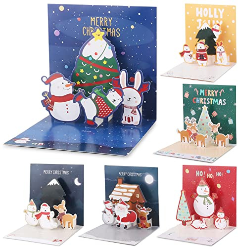 Jrisbo 6 Piezas 3D Tarjetas de Navidad con Sobres, Postales Navidad 3D Pop-Up Christmas Cards Diseño Colorido Tarjeta Felicitacion Navidad Xmas para Niños Amigos Familia (Tema A)