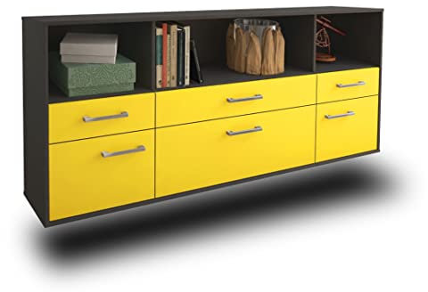 Lqliving Kommode Sideboard Bellevue, Korpus in anthrazit matt, Front im trendigem Gelb (180x77x35cm), inkl. Metall Griffen, Wandmontage, Made in Germany