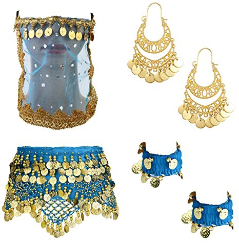 Kakonia 4 Sets Bauchtanz Accessoires für Damen Schal Gürtel Ohrringe Bohemian für Damen Azur