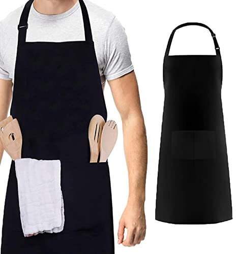 TMRBBesty Chef Delantal Negro Impermeable con 2 Bolsillos, Delantal Cocina Unisex, Correa de Cuello Ajustable para Jardinería en Cafeterías de Restaurantes de Cocina, Hombres y Mujeres, Negro